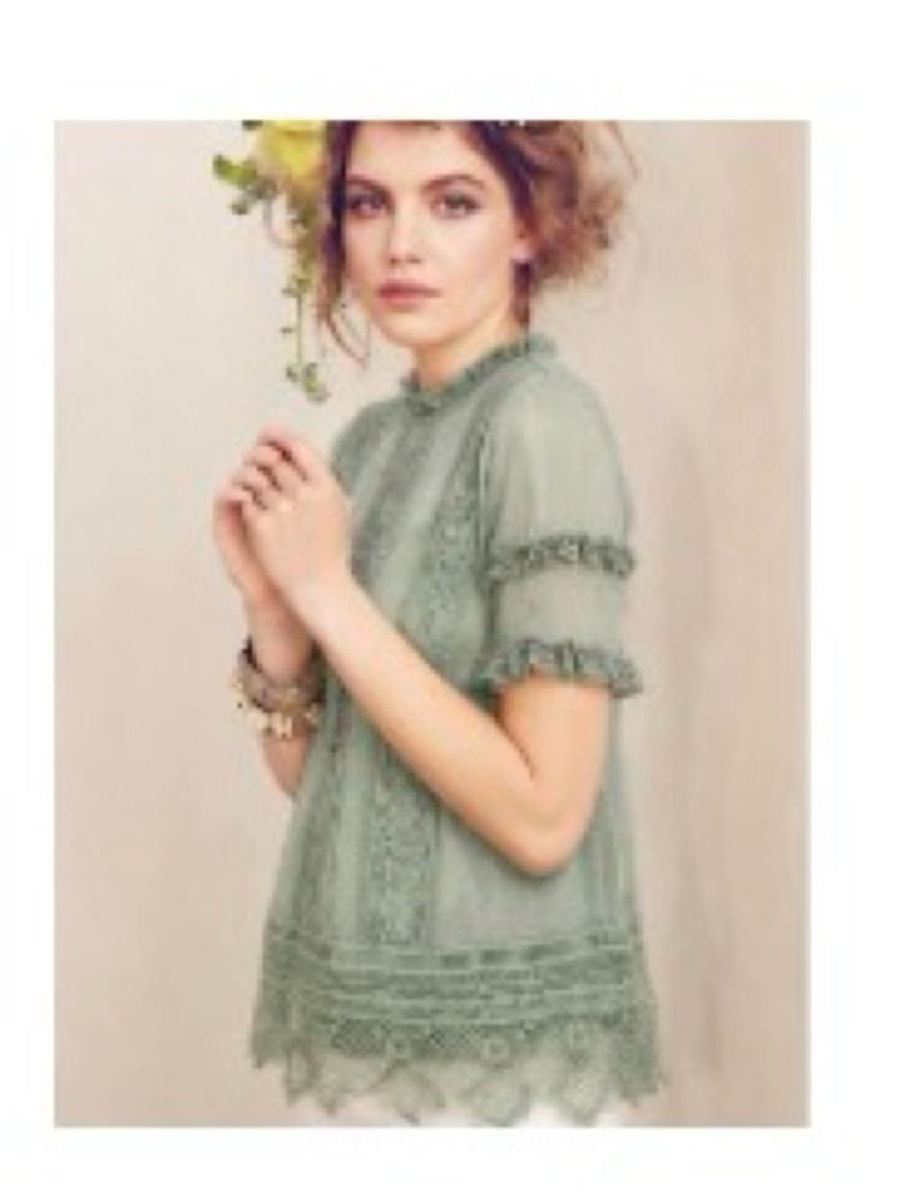Delicate Lace-Trim Blouse in Sage Green